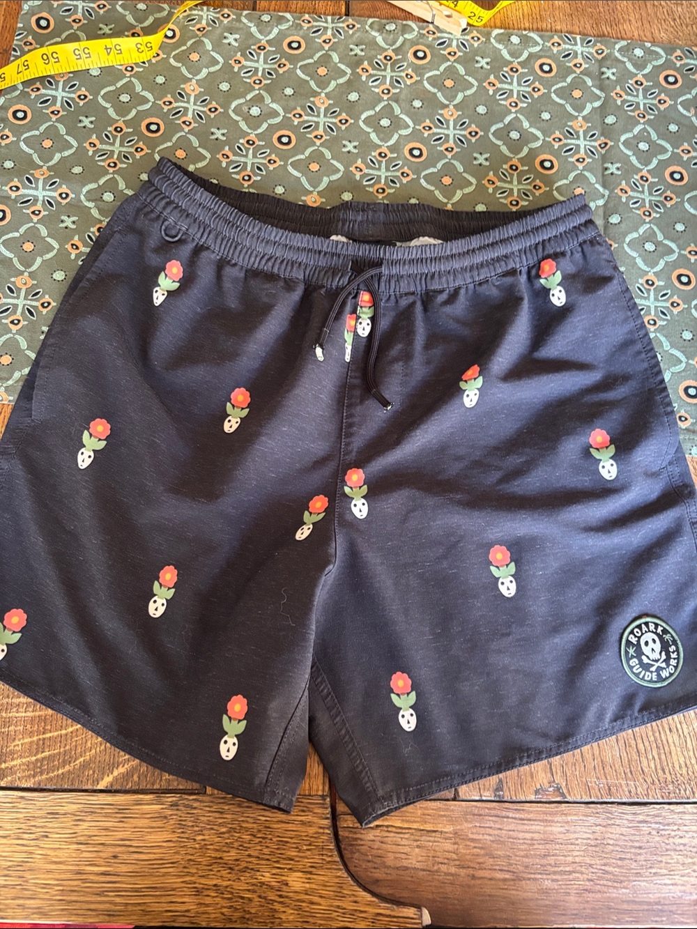 Roark Black Floral Skull Drawstring Hybrid Shorts
